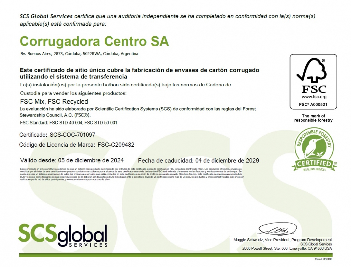 Certificado FSC Corrugadora Centro